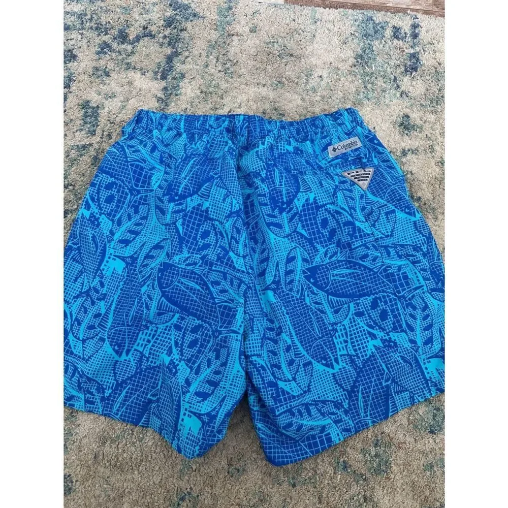 Columbia Swim Trunks Mens Blue Fish Print PFG Super Backcast Fishing Shorts